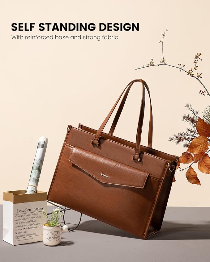 LOVEVOOK Laptop Bag for Women, 15.6'' Laptop Tote Purse 2-in-1 Professional Work Bag Business Briefcase with Clutch Purse, Waterproof Vintage Leather Computer Handbag for Teacher Office Travel
