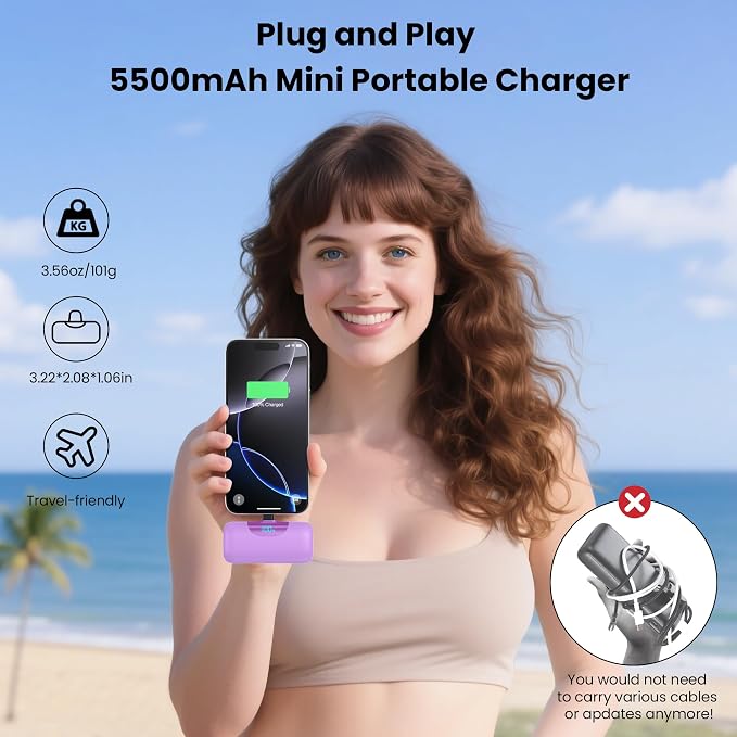 [2-Pack]Mini Portable Charger for iPhone 17/16,5500mAh LCD Display USB C Power Bank,Fast Phone Charging Travel Pocket Size Battery Pack for iPhone 17/17 Pro Max/Air/16/15 Series,Android(Pink+Purple)