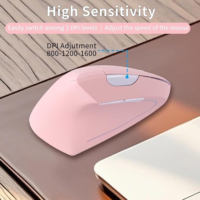 Left Handed Mouse, Ergonomic 2.4GHz Vertical Optical Wireless Mouse with USB Receiver DPI (800/1200/1600) for PC Computer Laptop Macbooks,Cordless Mice Specially for Lefty Left-handers(Pink)
