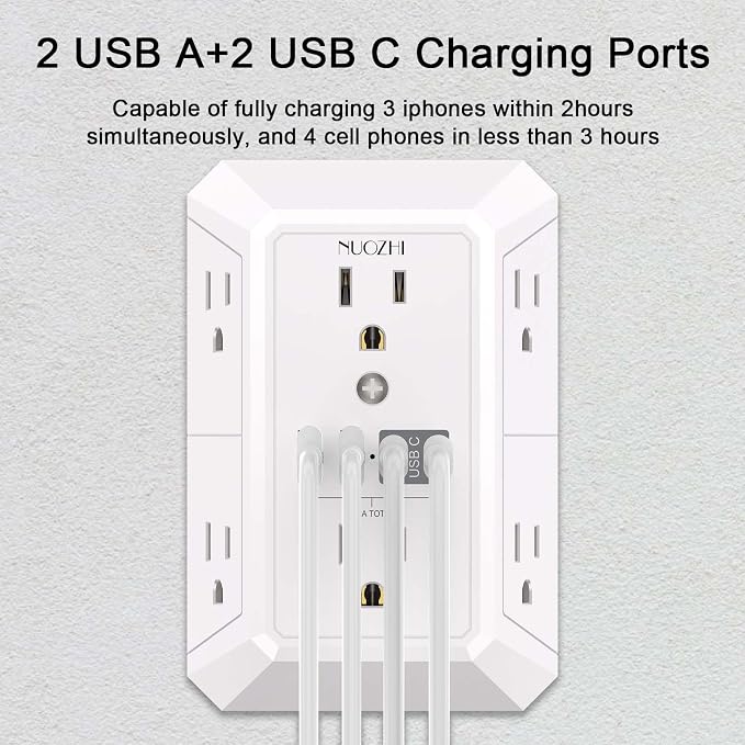 Outlet Extender Surge Protector - NUOZHI 6 Outlet Splitter with 4 USB Ports(2 USB-C), Multi Plug Wall Outlet 1680J Power Strip for Home Office Dorm Room Essentials, ETL, White