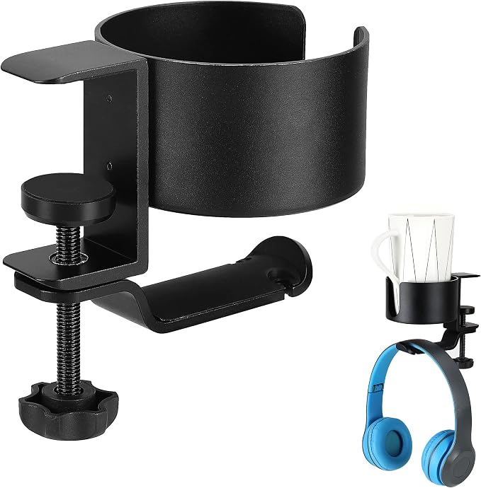 2 in 1 Desk Cup Holder with Headphone Hanger Holder, Anti-Spill Cup Holder-360° Rotation Aluminum Alloy Stand Hook Bearing Capacity 10kg/22lb Suitable for Coffee Mups,Water Cups,Bag,Headphone