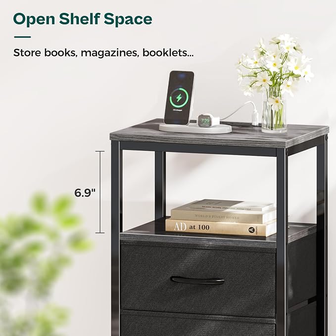 Huuger Nightstand with Charging Station, Side Table with Fabric Drawers, End Table with Open Shelf, Bedside Table with USB Ports and Outlets, Night Stand for Bedroom, Charcoal Gray