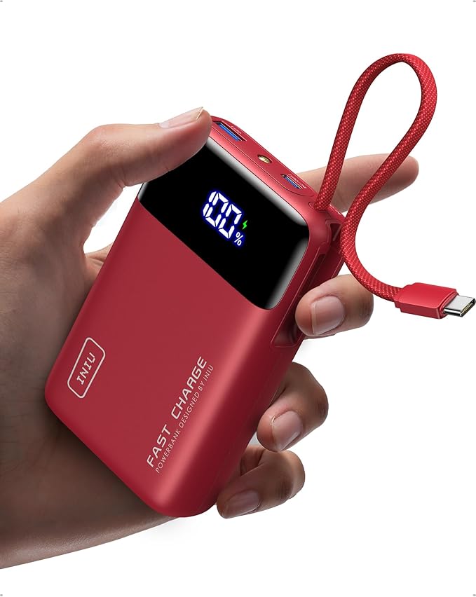 INIU 20000mAh Power Bank, Small 45W PD Fast Charging Portable Charger with Built-in USB C Cable, Flight-Safe Travel External Phone Battery Pack for iPhone 17 Pro Max Samsung S26 iPad etc, Red