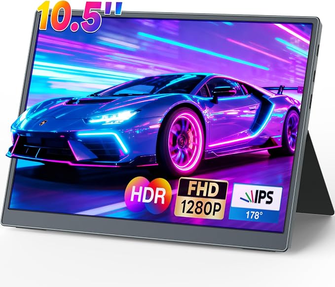 Portable Monitor 10.5 inch 1280P 420 Nits100% sRGB Ultra-Slim Travel Monitor, HDR 16:10 Display with Adjustable Stand &Speakers USB-C HDMI, External Monitor for Laptop PC Phone