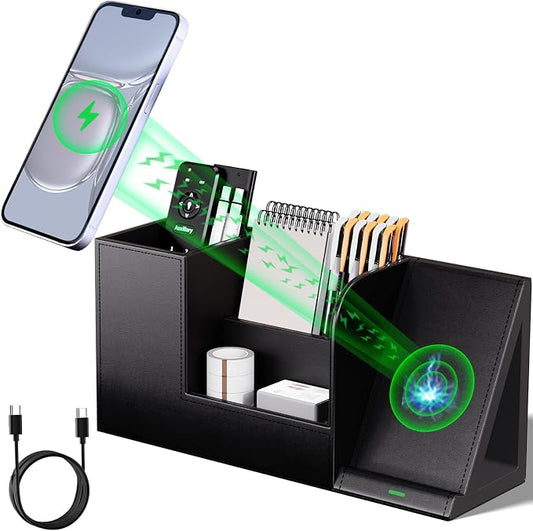 LADSTAG Pen Organizer with Phone Stand,Black Vegan Leather Desk Organizers with Remote Control Holder,Pencil Holder for Desk,Desk Organizer with Phone Charger for Office/Nightstand/Endtable