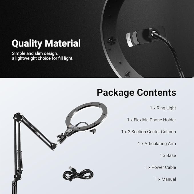 NEEWER Entry Level Version 10" 10W Ring Light with 46"-63" Stand, Overhead Phone Holder Mount Compatible with iPhone, Bi Color LED Selfie Lighting CRI85+ for TikTok Video Recording Streaming, N44