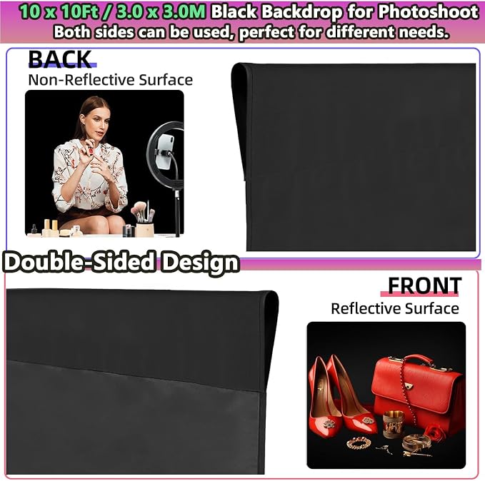 Black Backdrop 10 X 10 Ft, Solid Black Photo Backdrop, High Density Polyester Fabric Pure Black Backdrop Curtain Screen, Collapsible Seamless Black Background for Photoshoot Party Video Studio