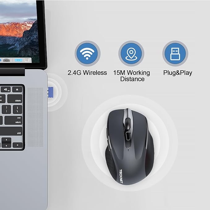 TECKNET Wireless Mouse Rechargeable, 2.4G USB-A Silent Mouse, Quiet Click, 6 Adjustable 4800 DPI, Cordless Computer Mice, Ergonomic Mice for Laptop, 6 Buttons for Chromebook, Ergo Grip - Grey