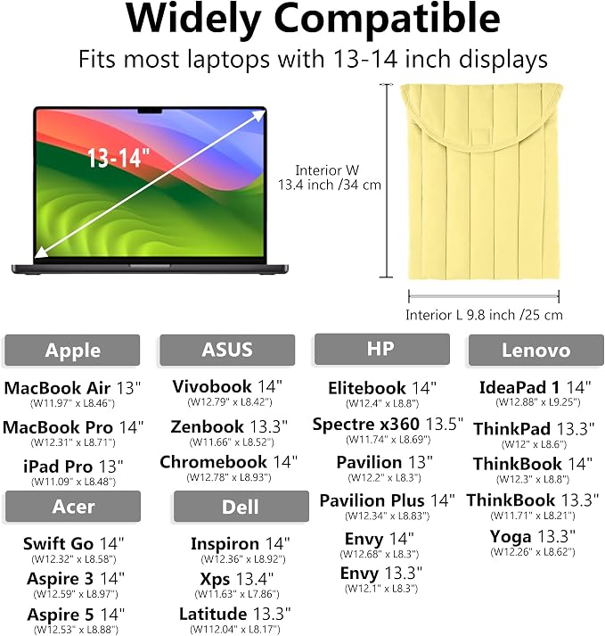 Puffy Laptop Sleeve 13-14 Inch Yellow, Protective Carrying Case for Men and Women, Cute Case Bag Compatible with 13 and 14 Inch Laptops, for MacBook Air M2, Asus/Dell Xps in Cover