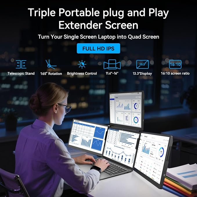 ADREAMER 13.3" Triple Screen Laptop Monitor Extender, Detachable 3 Screen Monitor for Laptop 13"-16", 1920x1200 IPS 16:10, 1 Cable for 3 Displays, Compatible with Wins/Mac.