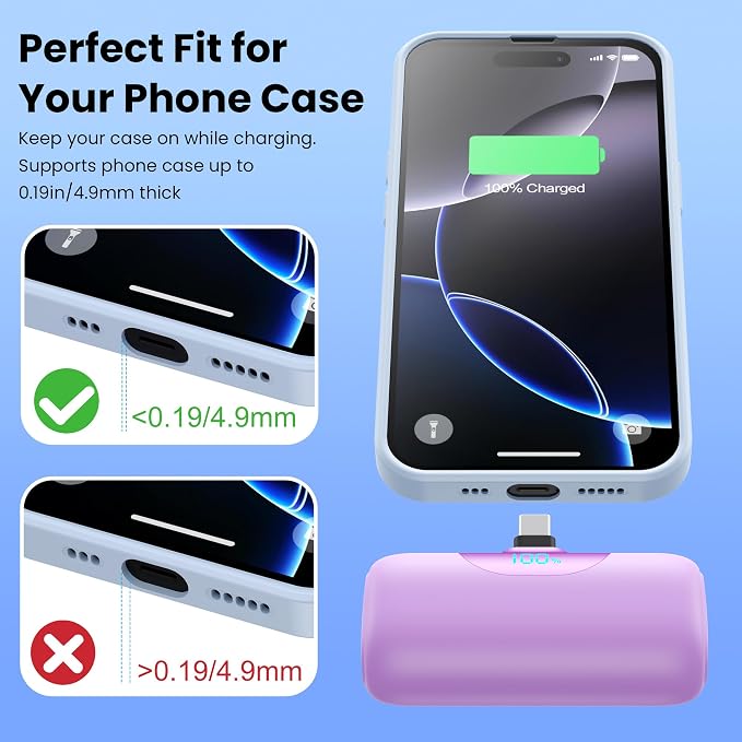 [2-Pack]Mini Portable Charger for iPhone 17/16,5500mAh LCD Display USB C Power Bank,Fast Phone Charging Travel Pocket Size Battery Pack for iPhone 17/17 Pro Max/Air/16/15 Series,Android(Pink+Purple)
