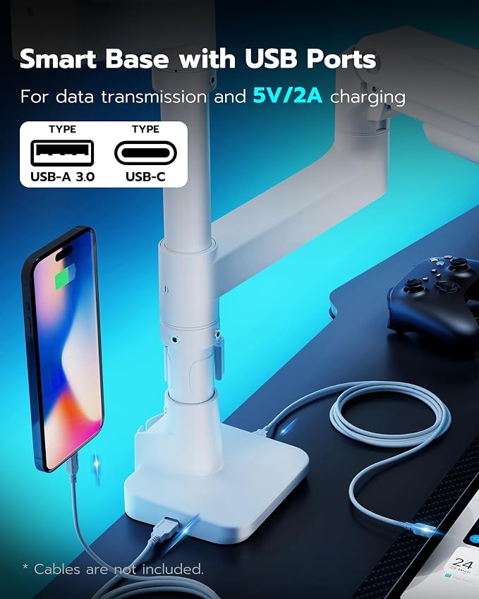 ARES WING Dual Monitor Arm for Ultrawide Heavy Duty Curved Monitor Stacking, Fits 17-49 Inch, Vertical Gas Spring Double Monitor Stand with USB, Adjustable Dual Monitor Mount for Desk, White