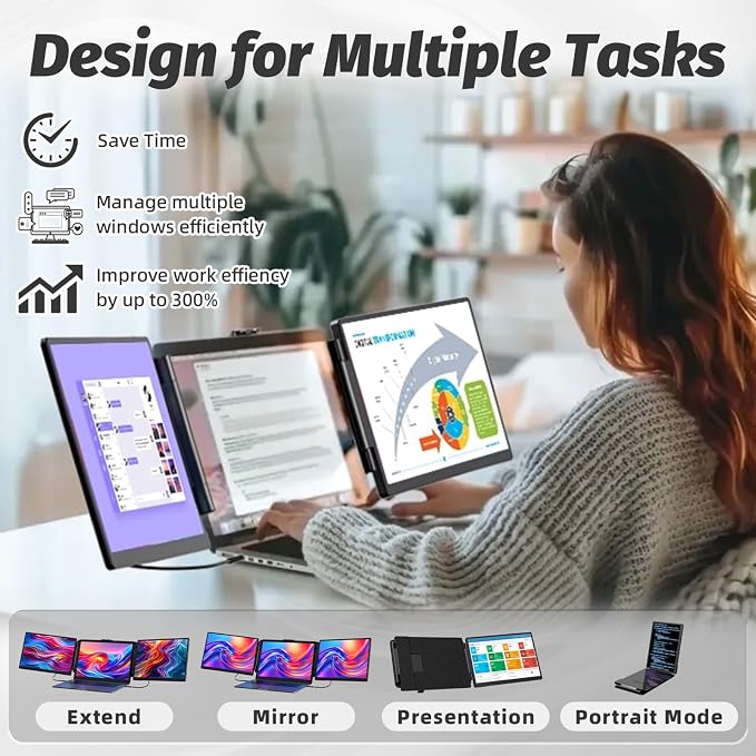 KOJOM 2K Laptop Screen Extender - 13" IPS 1440P Triple Screen Laptop Monitor Extender Plug & Play Multi Screen Attachment for 13"-17" Laptops Compatible with Wins Mac Dex Chrome Travel Gaming Work