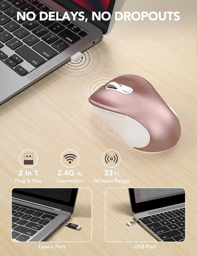 Trueque Wireless Mouse for Laptop, 2.4GHz Ergonomic Computer Mouse with Back & Forward Buttons, 3 Adjustable DPI Levels, 6 Buttons, Optical USB Cordless Mice for Windows PC, M01 (Rose Gold)