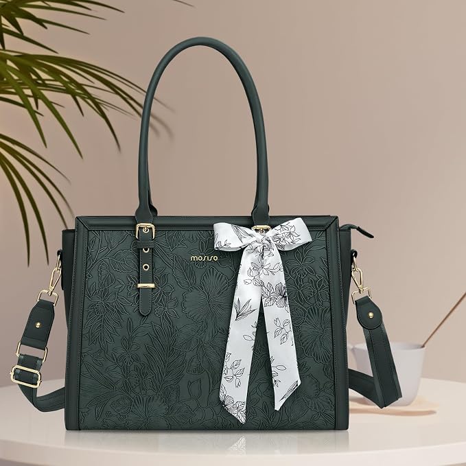 MOSISO Laptop Bag for Women, 15.6-16 inch PU Leather Tote Bag Compatible with MacBook, HP, Dell, Asus Notebook, Front Embossed Retro Hibiscus Computer Bags with Silk Scarf&Clutch Purse, Emerald Green