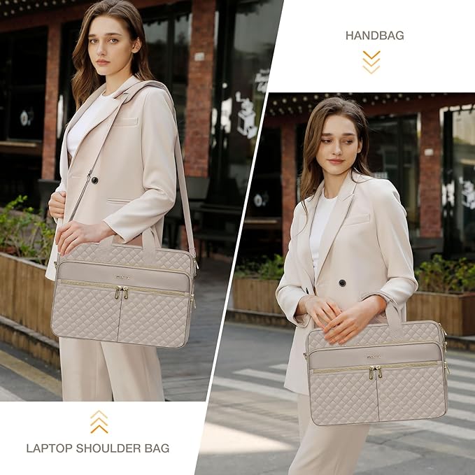 MOSISO 15-16 inch Laptop Bag, Laptop Briefcase Messenger Compatible with MacBook Pro 16/Air 15, HP, Dell, Lenovo, Square Quilted Computer Bag Work Office Business with 3 Pockets&Strap, Taupe Brown