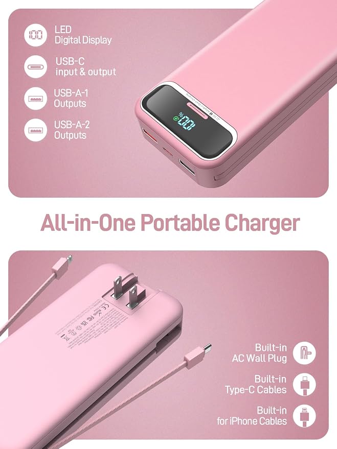 Portable Charger, 20000mAh 22.5W Fast Charging Power Bank with Built-in Cables & Wall Plug, Travel Essential External Battery Pack with LED Display, USB C Battery Phone Charger for iPhone Samsung Pink