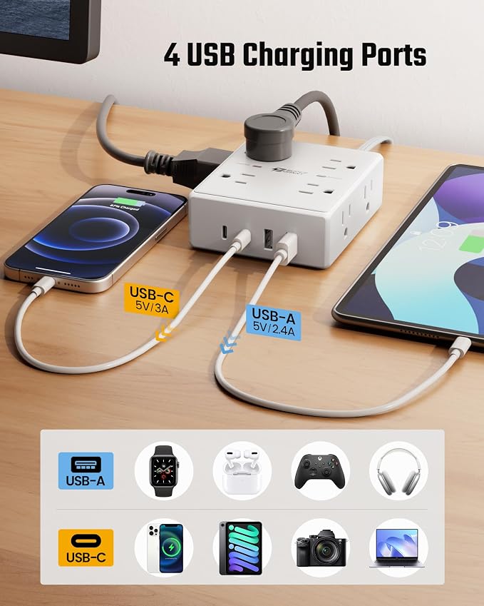 15Ft Long Extension Cord, Surge Protector Power Strip with 8 Outlets & 4 USB Ports (2 USB C), Flat Plug Power Strip Wall Mountable, Desk Charging Station for Home Office, College Dorm Room Essentials