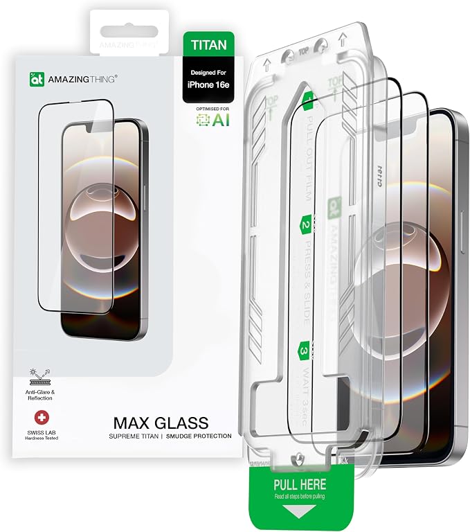 AMAZINGthing for iPhone 17 [Titan Filter 7 - Full Glass] Screen Protector, 9H Tempered Glass, Full Coverage, Case‑Friendly, Oleophobic, Alignement Frame, 2 Pack (Blue Light, iPhone 16e/17e)