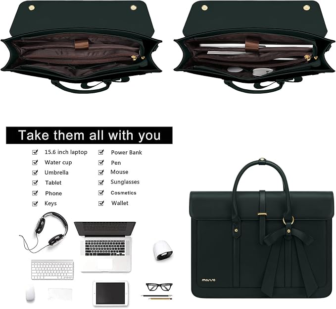 MOSISO Laptop Bag for Women, 15-15.6 inch PU Leather Laptop Shoulder Bags Convertible Backpack, 16 inch Messenger Bags Casual Handbag Work Briefcase Travel Computer Bag with Bowknot, Midnight Green
