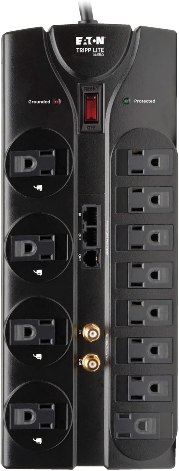 Eaton Tripp Lite TLP1208SAT Home Theater Surge Protector Power Strip, 12 Outlets, Flat Plug 8ft Extension Cord, 2880 Joules Coax, RJ11 and RJ45 Port for Phone, TV, WiFi Router, & Ethernet Protection