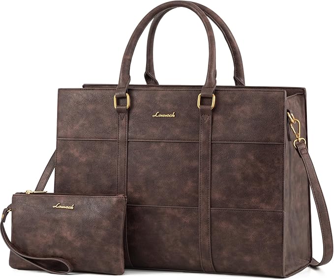 LOVEVOOK Laptop Bag for Women, 15.6 Inch Laptop Tote Bag, Vintage Leather Work Bags for Women, Waterproof Computer bag with Clutch Purse, Large Capacity Briefcase, Business Office Bag | Two-piece set
