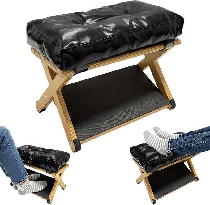 Foot Rest Under Desk, Wooden Double Step Foot Stool with Cushioned Top and Non-Slip Surface, Ergonomic Under Desk Footrest for Office, Home, Gaming and Work
