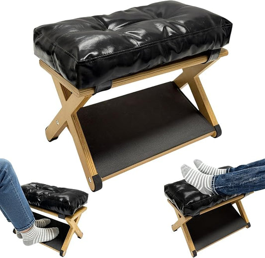 Foot Rest Under Desk, Wooden Double Step Foot Stool with Cushioned Top and Non-Slip Surface, Ergonomic Under Desk Footrest for Office, Home, Gaming and Work