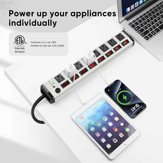 8 Outlet Metal Power Strip with Individual Switches,Heavy Duty Appliance Power Strip with Flat Plug,1200J Surge Protector,10FT Extension Cord,15A 120V 1800W,Home Office School Shop Industrial