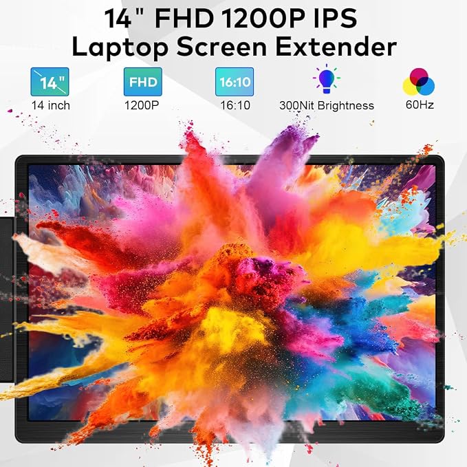 14" Laptop Screen Extender, FHD 1200P IPS Portable Monitor for Laptops 12-16.5", Triple Screen Laptop Monitor Extender, USB-C/HDMI Plug & Play, Dual Screen Computer Monitors for Windows/Mac
