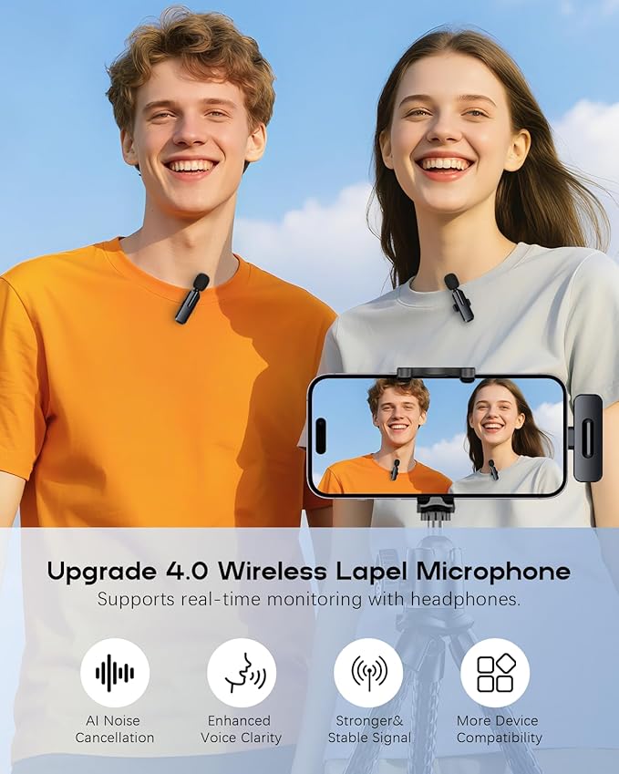 Wireless Mini Microphone for iPhone, Android - 2 Pack Lavalier Microphone for Video Recording, 2 In 1 Noise Reduction Lapel Mic for Ipad, Clip-on Mini Mic with USB-C for Content Creators Podcast