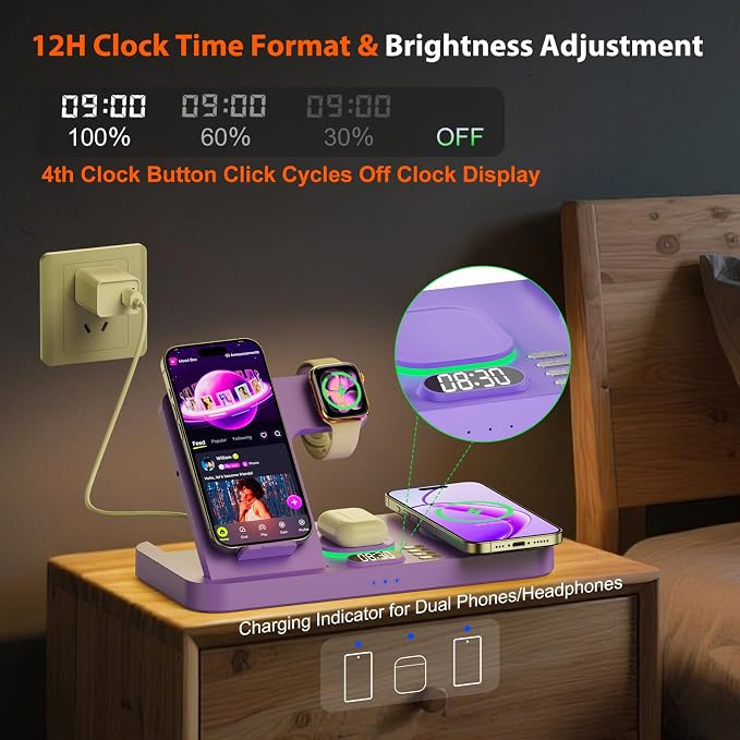 Dual Phone Magnetic Wireless Charging Station for Apple Devices/Apple Ecosystem, 7-Color Auto Light & 12H Clock, Multi-Device Charger for iPhone 17/16/15, for iWatch 11/10/9 & AirPods Pro3(Purple