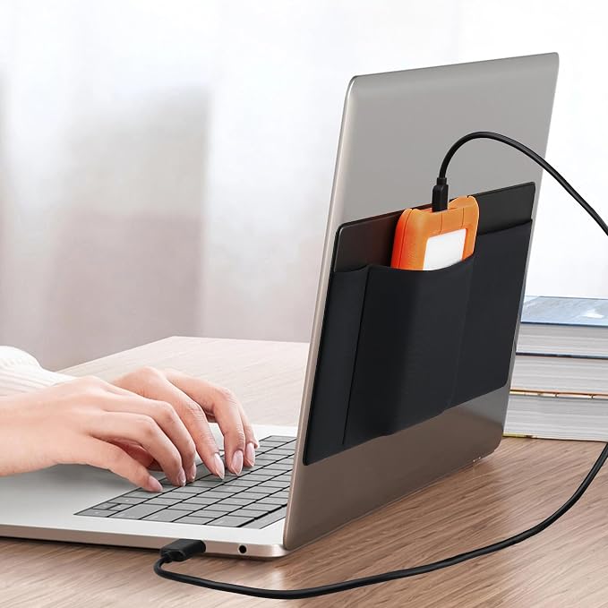 Lacdo 3-Pocket Mouse Holder for Laptop Stick on, External Hard Drive SSD Holder for Laptop, Stick on Pouch Organizer Adhesive Pocket Storage Sleeve for Mouse/HDD/SSD/Cables, Computer Accessories,Black