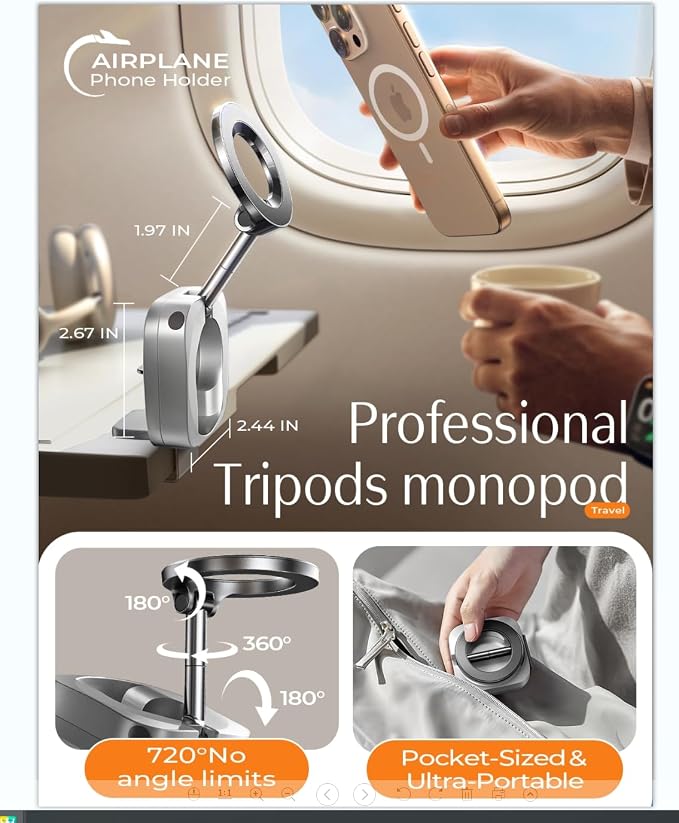 LISEN Airplane Travel Essentials for Women Men Phone Holder Cruise Must Haves Tripod Monopod Accessories Camera Mounts Clamps MagSafe Phone Accessories Airplane Gadgets Men Long Flight，Silver