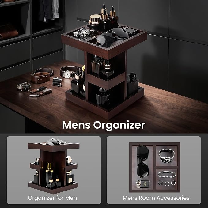 EXIN DECHEN Cologne Organizer for Men,Cologne Stand,3 Tier Wooden Perfume Shelf with Rotate,Desk Organizer,Gift for Dad From Wife,Husband Boyfriend Birthday Gift Ideas,Fathers Day Gift for Men
