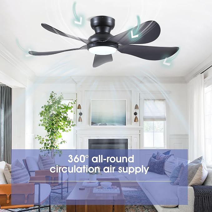 Kviflon 46 Inch Modern Ceiling Fans with Lights, Flush Mount Ceiling Fan with Light and Remote/APP Control, 5 Reversible 6 Speeds Curved Blades, 3 CCT Dimmable Lights for Bedroom, Black