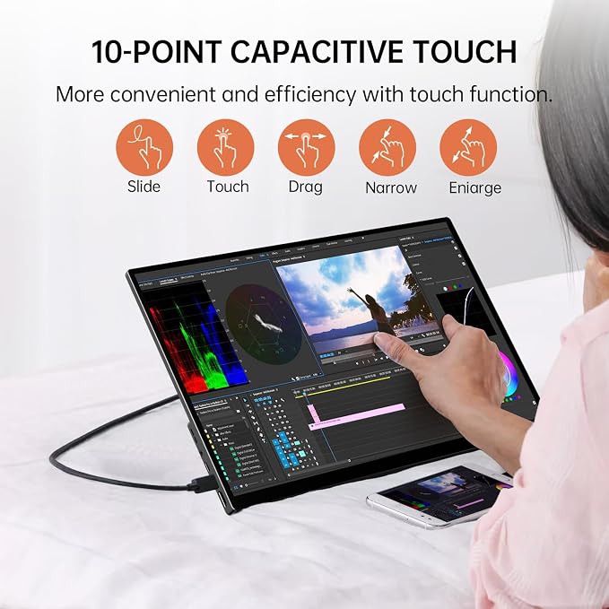 Portable Monitor Touchscreen,18.5'' FHD IPS Touch Screen Monitor, Travel Monitors w/Kickstand & Speaker, HDMI USB C External Screen for Laptop PC 10-Point Touch for Windows devs