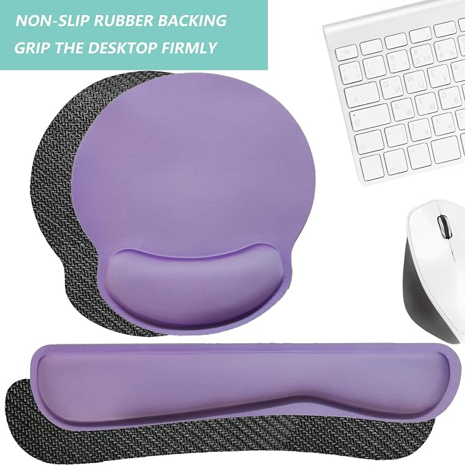 Keyboard Wrist Rest Pad Mouse Pad with Wrist Support Set of 3, Mousepad with Non-Slip Rubber Base, Ergonomic Memory Foam Mouse Wrist Cushion Support for Home Office Laptop Computer Gaming, Purple