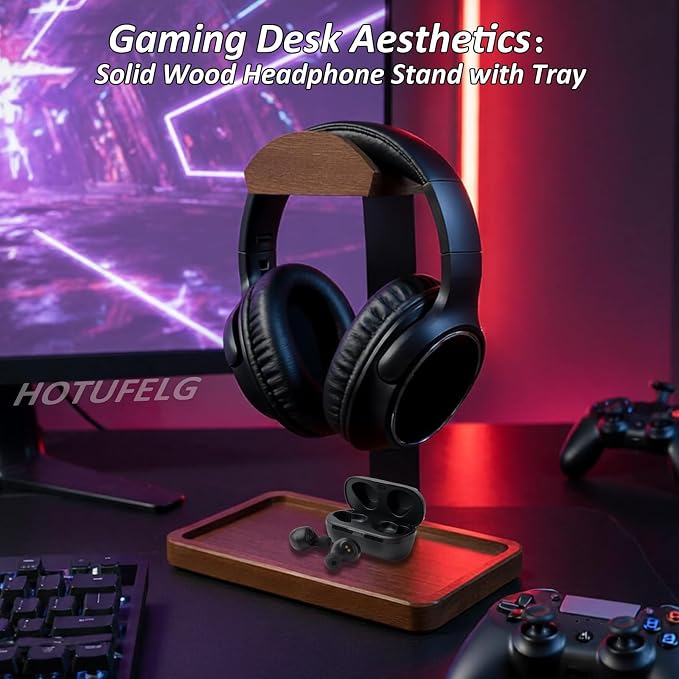 Solid Wooden Headphone Holder, 2-in-1 Universal Headphone Stand with Storage Tray for Desk, Headset Stand for Gaming Table Compatible with Airpod Max, Bose,Sennheiser, JBL, AKG(Wood Arc Top)
