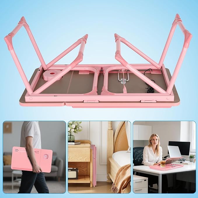 Laptop Bed Desk, Adjustable Lap Desk, Small Laptop Table with USB Charge Port, Desktop Card &Pen Slot, Cup Holder, Foldable Bed Tray Table for Couch Sofa Chair Floor Eating Working