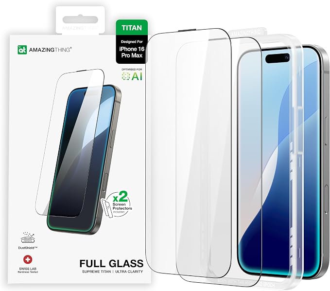 AMAZINGthing for iPhone 16 Pro Max [Titan - Full Glass] Screen Protector, Ultra Clear, 9H Tempered Glass, Built-in Dust Filter Full Coverage, Case‑Friendly, Oleophobic, Easy Installation, 2 Pack