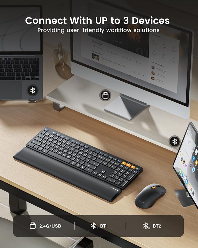 ProtoArc KM60 Wireless Bluetooth Keyboard and Mouse, Ergonomic Keyboard with Wrist Rest, Multi-Device, 2.4GHz + Dual Bluetooth, Full Size, Rechargeable, for Laptop/Computer/PC/Windows/Mac, Black