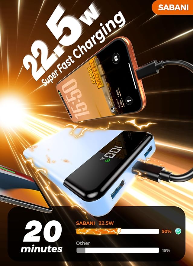 Portable Charger 35000mAh Power Bank - Powerbank with 4 Built in Cables, 22.5W Fast Charging Travel Camping Essential Battery Pack Compatible with iPhone 17 16 15 14 13 Samsung Google, 1 Pack, Azure