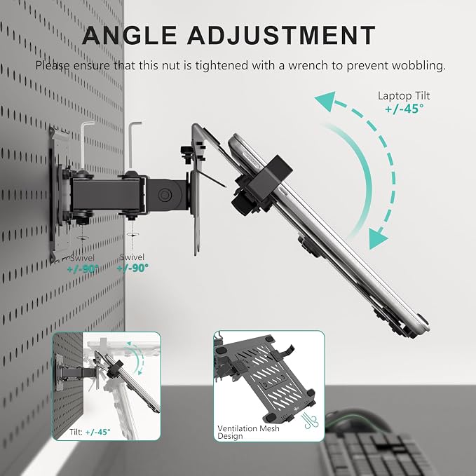 WALI Articulating Pegboard Adjustable Mount for Laptop and Monitor 2 in 1 with Vented Tray, Fits 1" Hole Spacing & Up to 1/4" Hole Diameter, Supports Laptop or Monitor Under 8.8lbs, PM00LP, Black