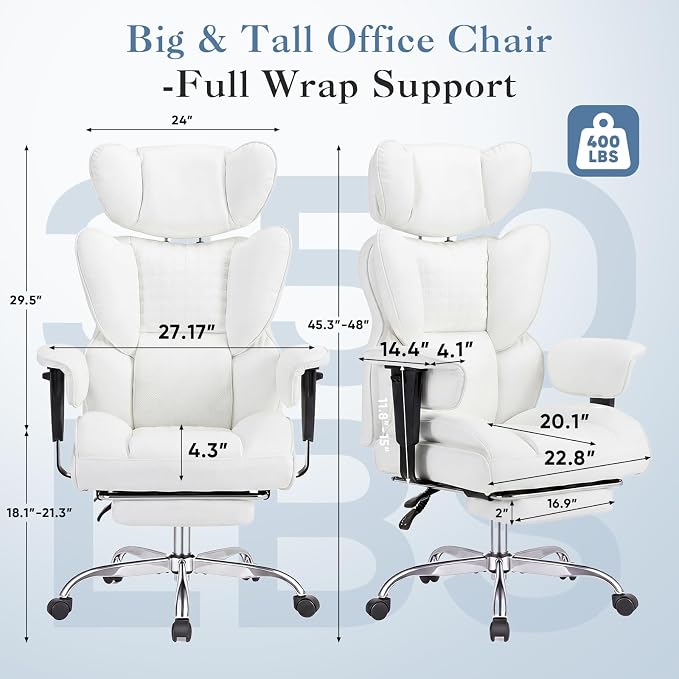 DUMOS Big and Tall Home Office Desk Chair, Gaming Computer Chair, Executive Ergonomic Chair with Footrest, High Back Reclining, Adjustable Armrests and Comfy Lumbar Support, PU Leather, White