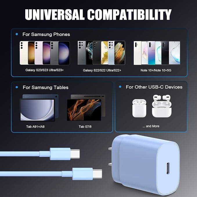 Essri Type C Charger Fast Charging for Samsung Galaxy S25/S24/S23/S22/Note 20,4Pack 25W Super USB C Fast Charger Block with (6ft+10ft) x2 Cables for iPhone 15/16 Pro Max/Plus, Android Phones-Blue
