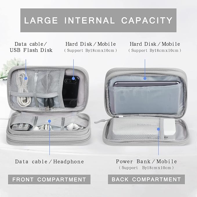 Skycase Electronic Organizer Travel Case - Waterproof Travel Cord Pouches for Organization, Cable Organizer, All-in-One Double Layers Storage Bag for Accessories, Charger, Cable, Grey - Large
