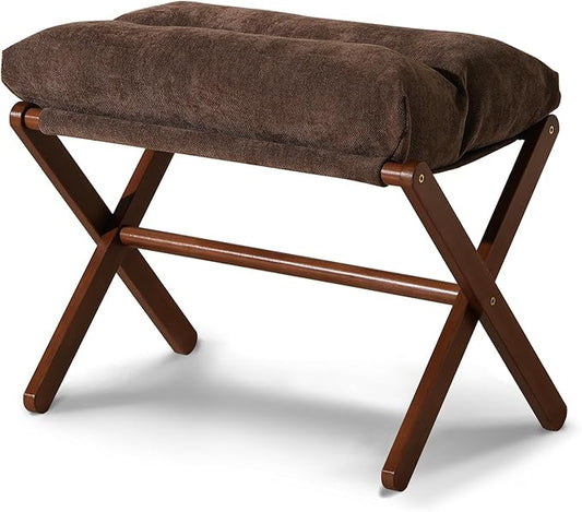 Baveke Ottoman Foot Rest- Bamboo Folding Stool, Foot Stools Small Ottman with Upholstered & X Legs, Foldable Stool for Makeup, Bedroom and Living Room (Large Brown)