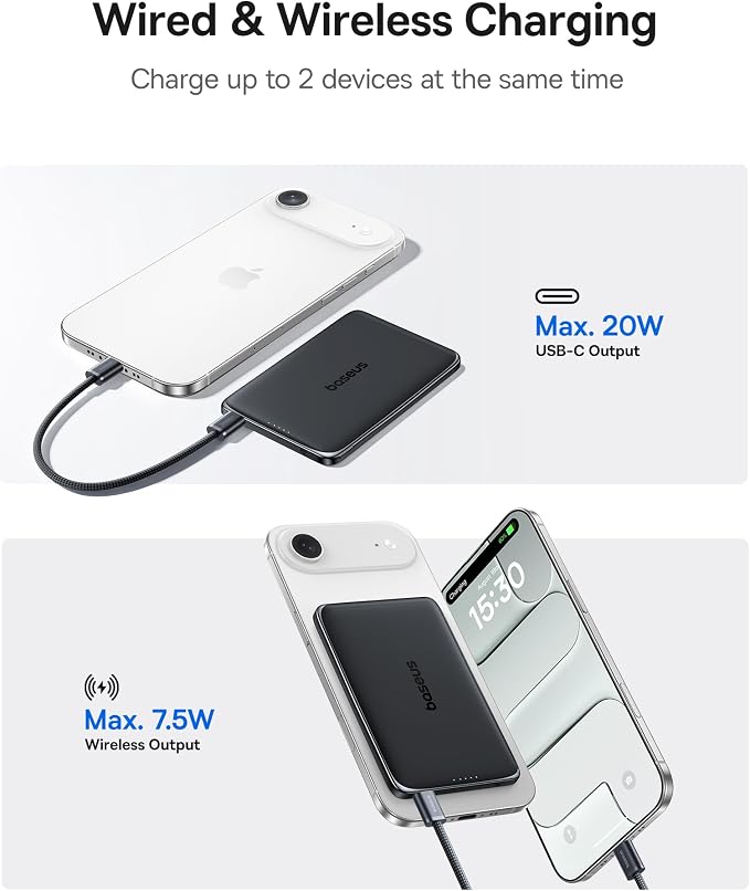 Baseus Picogo Power Bank, 0.3" Ultra Slim 5000mAh MagSafe Battery Pack, Upgraded CCC Certified and Polished Alloy Magnetic Portable Charger, Wireless Charger for iPhone 17/16/15/14/13/12