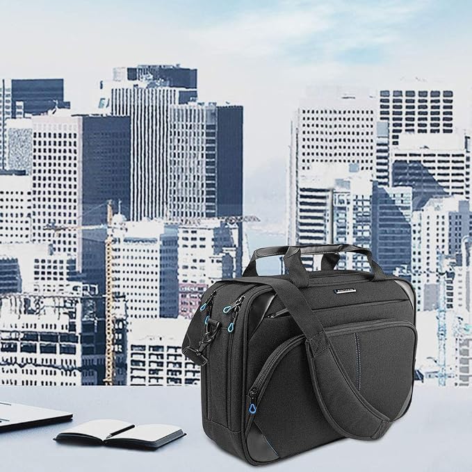 KROSER Laptop Bag 15.6 Inch Briefcase Messenger Bag Water Repellent Computer Case Shoulder Bag Durable Tablet Sleeve for Business/College/Women/Men - Black/Blue